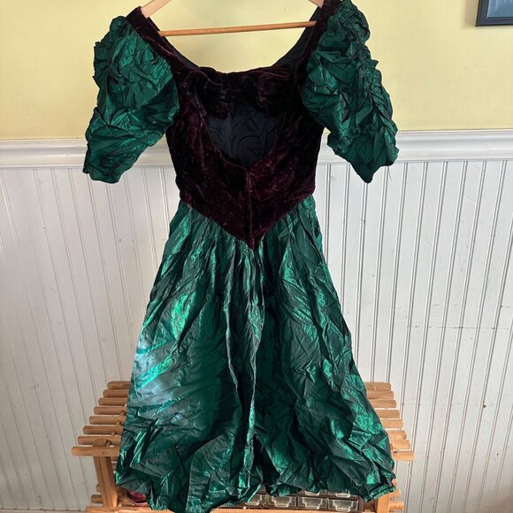 Vintage Emerald Green & Burgundy Velvet Puff Sleeve Dress Bow Detail Crinkle - Picture 4 of 10